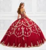 スパークレッドレースQuinceaneraドレスオフゴールドアップリケボールガウンフロアレングスプロムドレスVestido De Festa Sweet 16ドレス