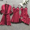 Обложки 2021 Женщины Pajamas Наборы Сатин Комплекты SATIN Sleekwura Silk 4 Piece Nightwear Pajama Спагетти Ремешок Кружева Спящая Лаундж Pijama с нагрудными PADS1