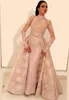 Saudi Arabic Long Sleeve High Neck Lace Evening Gowns Appliques Beaded Middle East Prom Dresses
