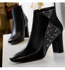 Trendy Toes Preto Patchwork strass Praça saltos robustos Ankle Boots Tamanho 34 a 40