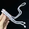 Handgjorda 8-9mm White Freshwater Pearl Micro Inlay Zircon Accessories Halsband Långt 120 cm