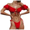 Bikini 2020 Women Off Shoulder sexy Swimsuit Bandage Thong high waist bikini set Solid Color Short Sleeve Bathing Suit Beachwear