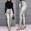 Glitter Sequins Belted Skinny Pants Women Bow Tied High Waist Pockets Design Pencil Pants Party Clubwear