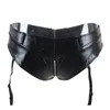 Women Sexy Zipper Open Buttock Panty Erotic Briefs With Garter Black Faux Leather Underwear Ladies Lingerie Plus Size M-XXXL