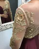 2019 Burgundy Satin Prom Dress Long Sleeve Gold Appliques Plus Size Sequins Beaded Elegant Formal Evening Dresses For Women Gown