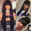 Wholesale Natural Black Long Silky Straight Wigs with Baby Hair Full Bangs Heat Resistant Glueless Synthetic None Lace Wigs for Black Women