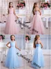 Небесно-голубой Blush Pink Little Girls Новоселье Event платья плиссе V шеи Длинные платья подружек Симпатичные девушки цветка FG1241