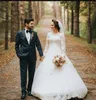 2019 Landhochzeitskleider mit V-Ausschnitt, Ballkleid, schiere Illusion, lange Ärmel, bodenlang, mit Spitzenapplikation, Brautkleider in Übergröße