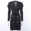 Women Casual Dress Solid Color Sexy V-neck Double Breasted One Piece European and American Fashion Long Sleeve Dresses