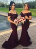 2020 Borgoña fuera del hombro Sirena Vestidos largos de dama de honor Top con lentejuelas brillantes Vestidos de invitados de boda Tallas grandes Vestidos de dama de honor