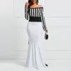 Clocolor Sheath Dress Elegant Women Off Sholuder Long Sleeve Stripes Color Block White Black Bodycon Maxi Mermaid Party Dress Y19050805