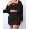 Women Knitted 3 Pieces Sets Long Sleeve Cardigan Sweater Strapless Crop Top High Waist Bodycon Skirt Sets