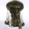 Stor raccoon päls krage manschett huva kappa kvinnor vinter förtjockad lös riktig päls liner parka medium lång outwear avtagbar femme