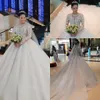 Modest Arabic Long Sleeves Lace Wedding Dresses Puffy Ball Gowns Sheer Jewel Neck Appliques Sequins Beads Wedding Bridal Gowns BC0895