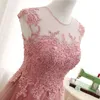 Lace Pearls Pink Party Prom Dresses Long 2019 Tulle Sheer Neckline Hollow Back Ruched Cap Sleeve Dresses Evening Wear Formal Gowns Women