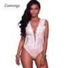 Ziamonga S-XXL Sexy Black Koronki Body Kobiety Siatki Kombinezony Romper Backless Haft Damskie Dentel Spodenki Playsuits