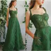 Green Aftonklänningar Spaghetti Strap Ärmlös Applique Lace Sweep Train Party Wear Billiga Backless Custom Made Formal Women Gown Hot Sell