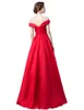 2020 Chic Red Off The Shoulder Designer Occasion Klänningar En Linje Golvlängd Satin med Pocket Formal Evening Occase Prom Party Dresses Re