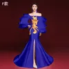 Blauwe slepen sexy feestjurken moderne cheongsam slanke qipao geborduurde vestidos Aziatische bruid bruiloft avond dameskleding lange toga