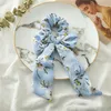 INS Chiffon Summer Bright Rose Floral Hair Scrunchies Women Accessories Hair Bands Ties Ponytail Holder Rubber Rope Decoration Long Bowknot