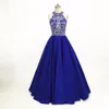 Royal Blue Prom Homecoming Robes A-ligne Halter Décolleté Keyhole Dos Nu Or Perlé Cristal Satin Robes Longues Tenue De Soirée Formelle Pas Cher