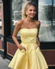 Fashion vestidos de coctail Strapless Short Formal Dress With Pockets Women Satin Cocktail Homecoming Party Dresses