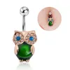 Wasit Belly Dance Green Owl Animal Crystal Body Jewelryステンレススチールラインストーンダイベルベルボタンピアスの喧騒のリング