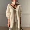 Abito maglione invernale da donna Abito lungo lavorato a maglia con scollo a V bianco Lazy Oaf Fessura casual Laides coreana