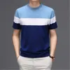 Hit Color Knitting Tshirt Hot Mens Short Sleeve Summer Fashion Casual Round Neck Loose Tops Middle-aged Thin Mulberry Silk Clothing