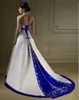 Vintage Ivory and Royal Blue Burgundy Satin A Line Wedding Dresses Halter Neck Open Back Lace Up Court Custom Made Embroidery Wedding Bridal Gowns