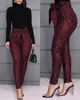 Glitter Sequins Belted Skinny Pants Women Bow Tied High Waist Pockets Design Pencil Pants Party Clubwear