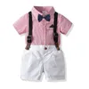 Toddler Boy Clothes Boys Bow Tie Shirts Suspender Pants 2pcs Sets Short Sleeve Children Outfits Boutique Kids Clothing 7 Designs DW4162