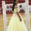 Prachtige gele kant quinceanera jurken bal 2019 bateau nek A-lijn mouwloze plus size meisje prom feestjurk formele jurken sweep lengte