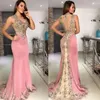 2020 Sexy Pink Mermaid Evening Dresses Party Wear V Neck Lace Appliques Crystal Beaded Sleeveless Sheer Back Formal Prom Dress 2020