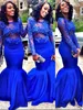 Classy Mermaid Style Prom Jurken Zuid-Afrika Royal Blue See Through Appliques Kant Mouw Avond Formele Jurken Vestidos Festa Elegant Long