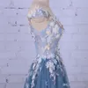 Party Evening Dress for Woman Scoop A-Line Decorated with Flower Tull Blue Prom Dress for Graduation vestido de festa 2019