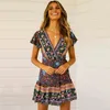 Röd Multi Print Mini Dress Sommar Boho V-Neck Wrap Klänningar Ruffle Hem Hippie Chic Casual Beach Dress Kvinnor Klänningar Vestidos 2019