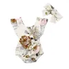 2019 new floral baby girls romper flower printed ruffle sleeve kids jumpsuit + bow headband summer children onesie toddler clothes C5391