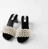 Womens Pearls Decor Clear PVC Transparent Block Heel Slipper Slides Slingbacks Shoes Summer New Arrival Peep Toe Black C017