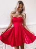 New Sexy Short Red A-Line Homecoming Party Dresses Little Strapless Backless Lace-up Knee Length Satin Mini Prom Cocktail Gowns