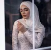 Lindos vestidos de noiva muçulmanos de renda sereia com trem destacável gola alta mangas compridas vestidos de noiva frisados tule robes de mari274y