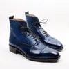 Hot koop-andmade schoenen echt kalf lederen vierkante neus lace-up handgeschilderde ademend kleur marine mode laarzen HD-B035