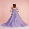 2020 elegante linha de Formal Prom Dresses Appliqued Lace Sequins Off-ombro mangas Ruch Tulle Partido vestido varredura Train vestido longo Evening