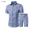 2019 뉴 여름 포크 스타일 패션 플로랄 셔츠 남성 세트 캐주얼 셔츠 반소매 탑 휴가 비치 t 짧은 + 반바지 1620