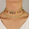 Luxuriöse kubanische Gliederkette mit buntem Baguette-CZ-Tropfen-Charm, Rock-Hip-Hop-Hochzeits-Choker-Halskette für Damen, Statement-Halskette