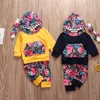 Conjunto de ropa Floral para niña recién nacida, Tops con capucha amarillos bonitos, pantalones con estampado de flores, diadema, trajes de ropa infantil de 3 uds.