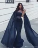 Elegante Dark Navy Mermaid Avondjurken met Cape Juweel Neck Beaded Prom Dresses Sweep Train Formele Jurk Evening Wear Party Dress Robe