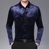 Wine Red Velvet Floral Dress Shirts Mens Slim Fit Long Sleeve Smooth Velour Shirt for Men Casual Button Down Shirt Male Chemise