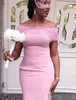 Pink Mermaid 2020 Prom Dresses Off The Shoulder Cap Sleeves Lace Applique Sweep Train Custom Made African Blackk Girl Formal Evening Gowns