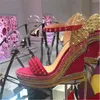 브랜드 디자인 여성 Peep Toe 높은 플랫폼 리벳 웨지 샌들 발목 스트랩 박힌 슈퍼 하이 높이 증가 쐐기 드레스 발 뒤꿈치 신발